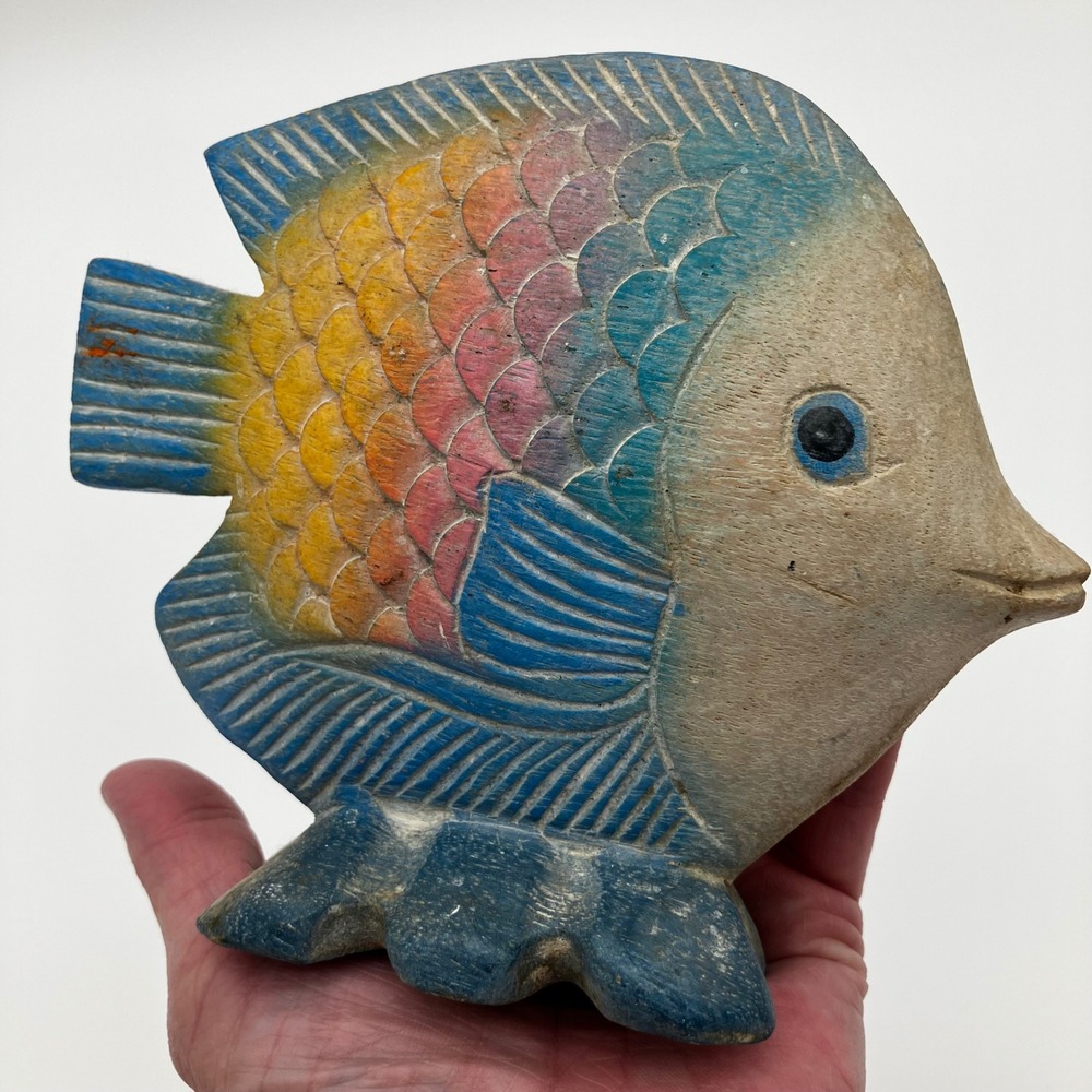 Wood Fish Figurine 5.5" Rainbow Hand Carved Coastal Tropical Decor Unbranded